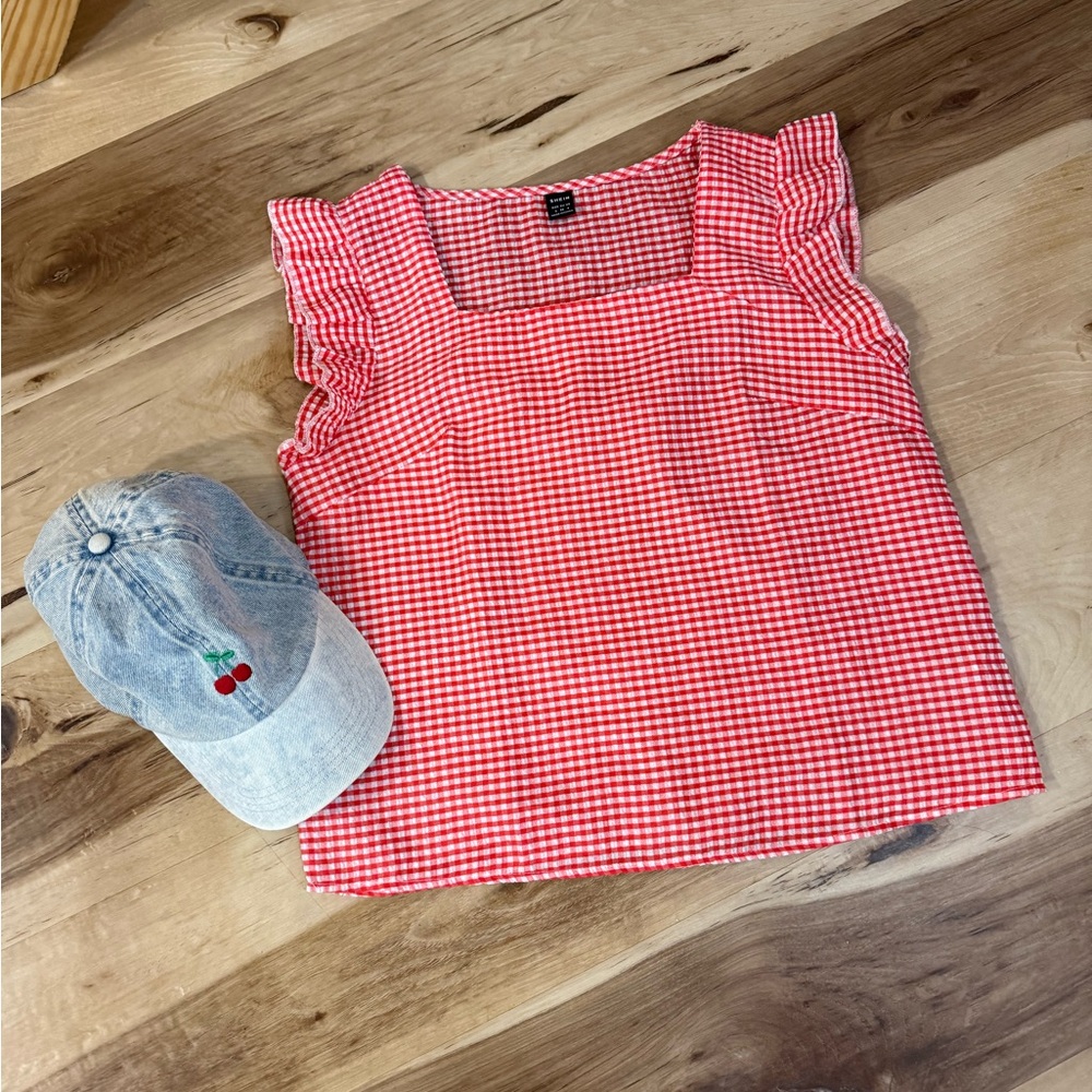 SHEIN Red Checkered Ruffle Sleeve Blouse